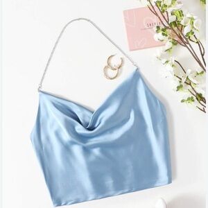 Light Blue Satin Cropped Cowl Neck Top Women’s Small